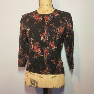 Garnet Hill Merino Wool Floral Cardigan Black 3/4 Sleeve- medium runs small